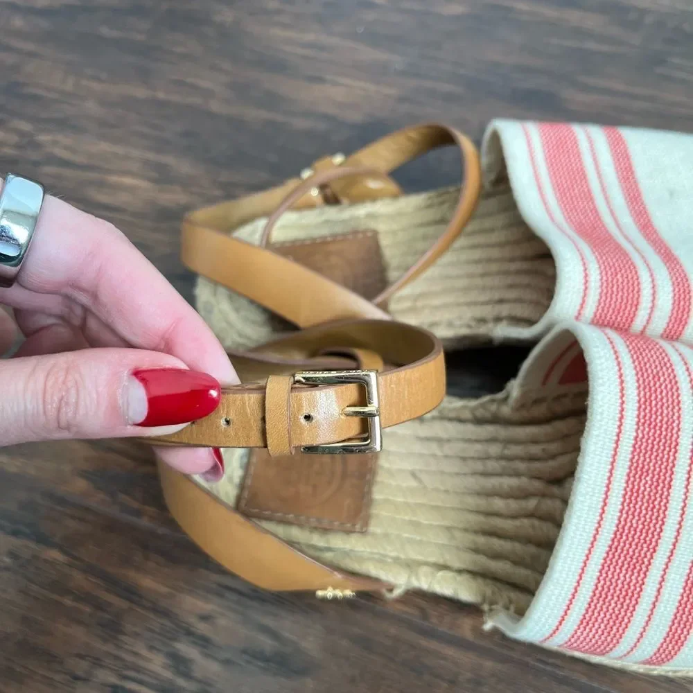 Tory Burch Espadrille Awning Stripe Leather Strap Sandals - Picture 6 of 9